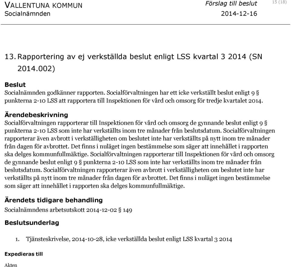 Socialförvaltningen rapporterar till Inspektionen för vård och omsorg de gynnande beslut enligt 9 punkterna 2-10 LSS som inte har verkställts inom tre månader från beslutsdatum.