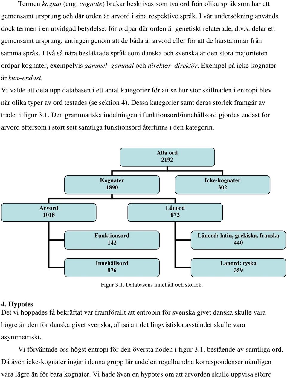 I två så nära besläktade språk som danska och svenska är den stora majoriteten ordpar kognater, exempelvis gammel gammal och direktør direktör. Exempel på icke-kognater är kun endast.