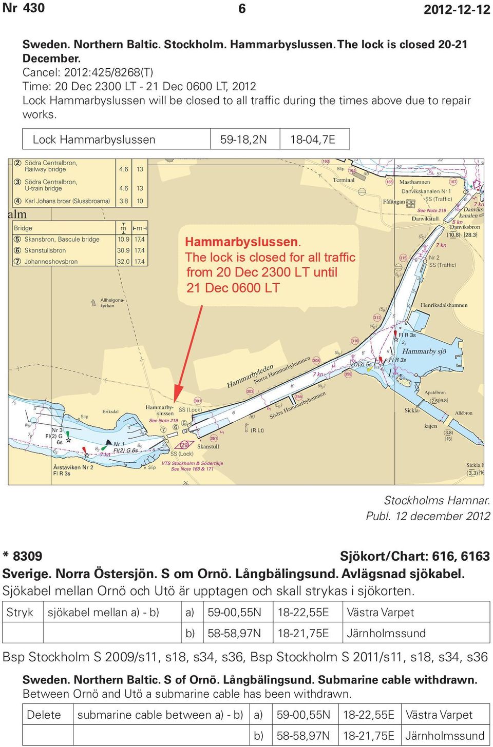 Lock Hammarbyslussen 59-18,2N 18-04,7E Stockholms Hamnar. Publ. 12 december 2012 * 8309 Sjökort/Chart: 616, 6163 Sverige. Norra Östersjön. S om Ornö. Långbälingsund. Avlägsnad sjökabel.