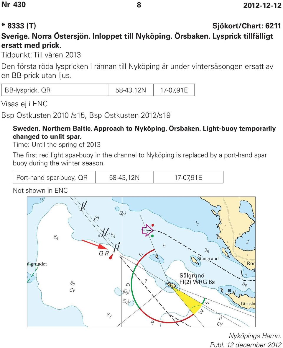 BB-lysprick, QR 58-43,12N 17-07,91E Visas ej i ENC Bsp Ostkusten 2010 /s15, Bsp Ostkusten 2012/s19 Sweden. Northern Baltic. Approach to Nyköping. Örsbaken.