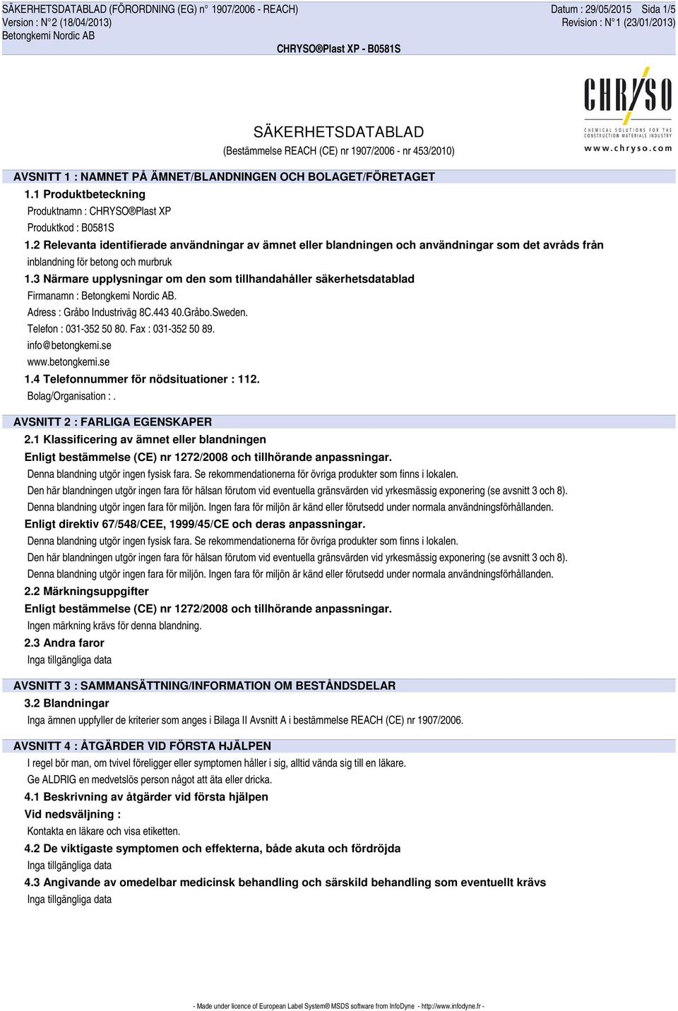 2 Relevanta identifierade användningar av ämnet eller blandningen och användningar som det avråds från inblandning för betong och murbruk 1.