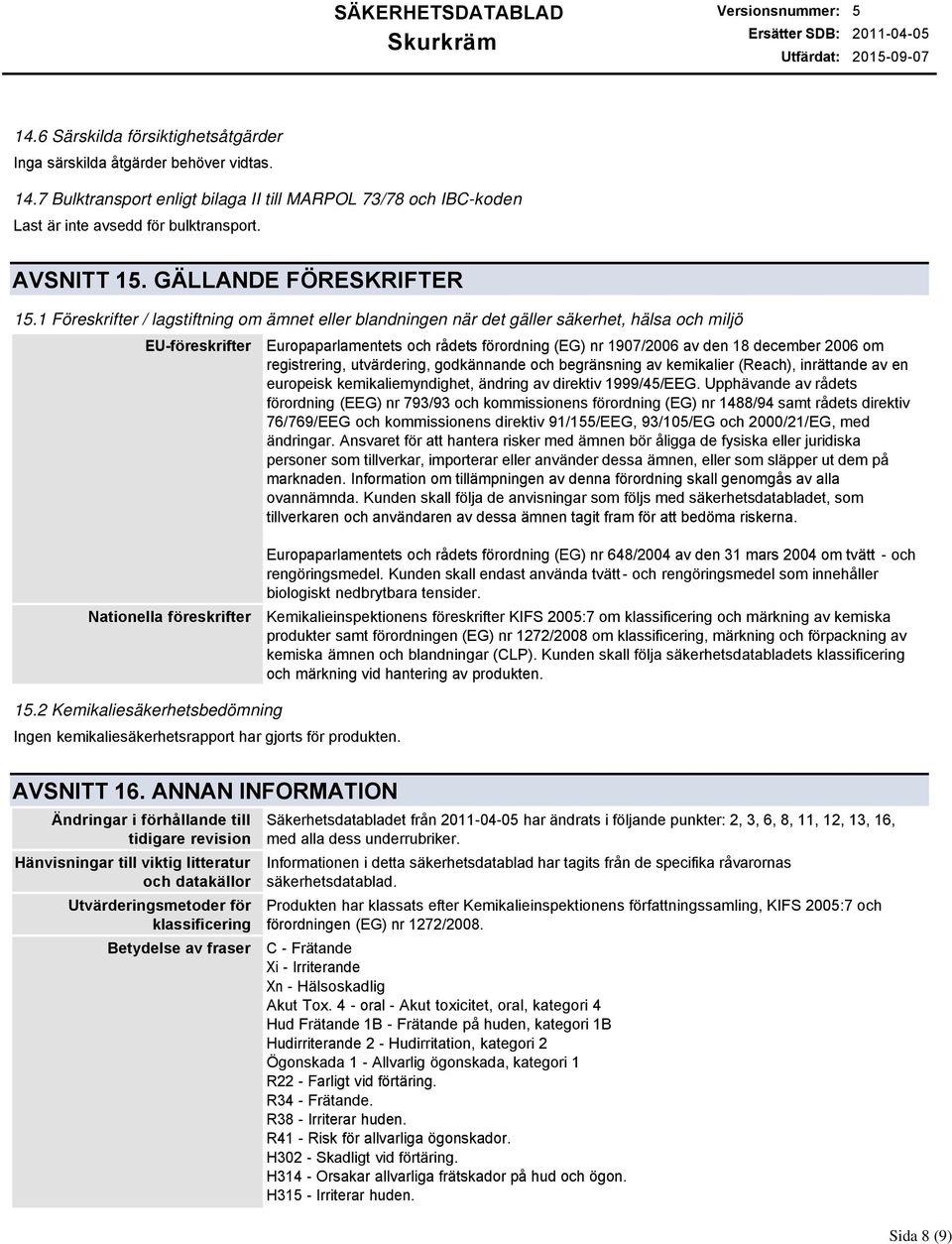 1 Föreskrifter / lagstiftning om ämnet eller blandningen när det gäller säkerhet, hälsa och miljö EU-föreskrifter Europaparlamentets och rådets förordning (EG) nr 1907/2006 av den 18 december 2006 om