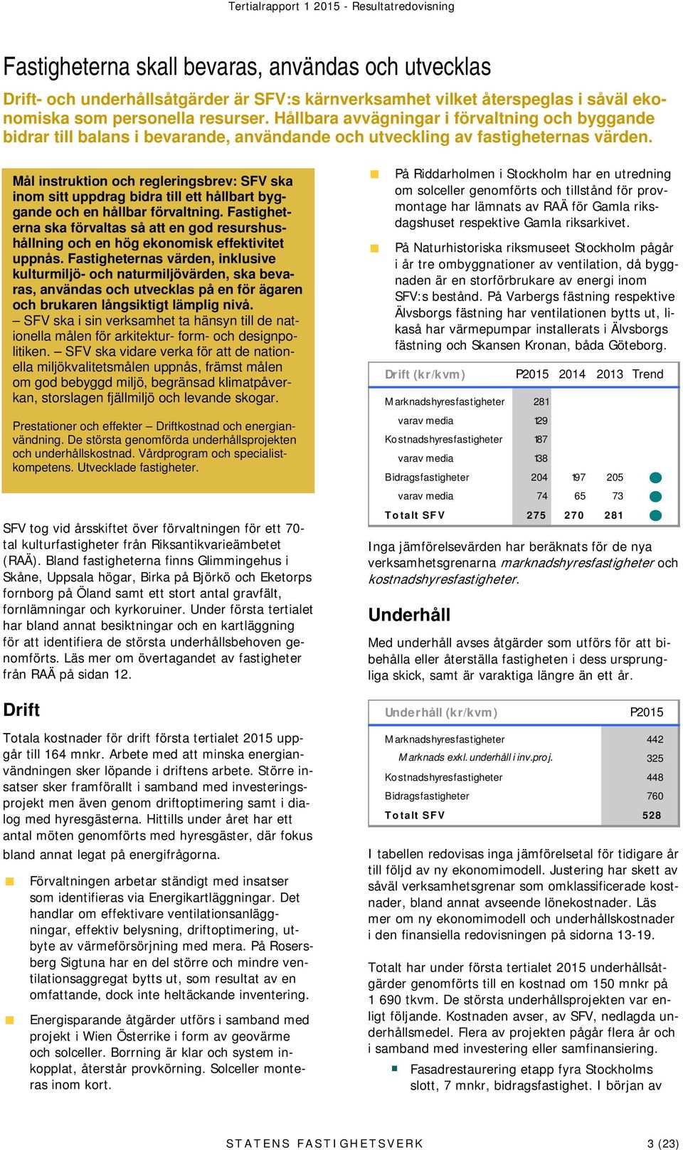 Mål instruktion och regleringsbrev: SFV ska inom sitt uppdrag bidra till ett hållbart byggande och en hållbar förvaltning.