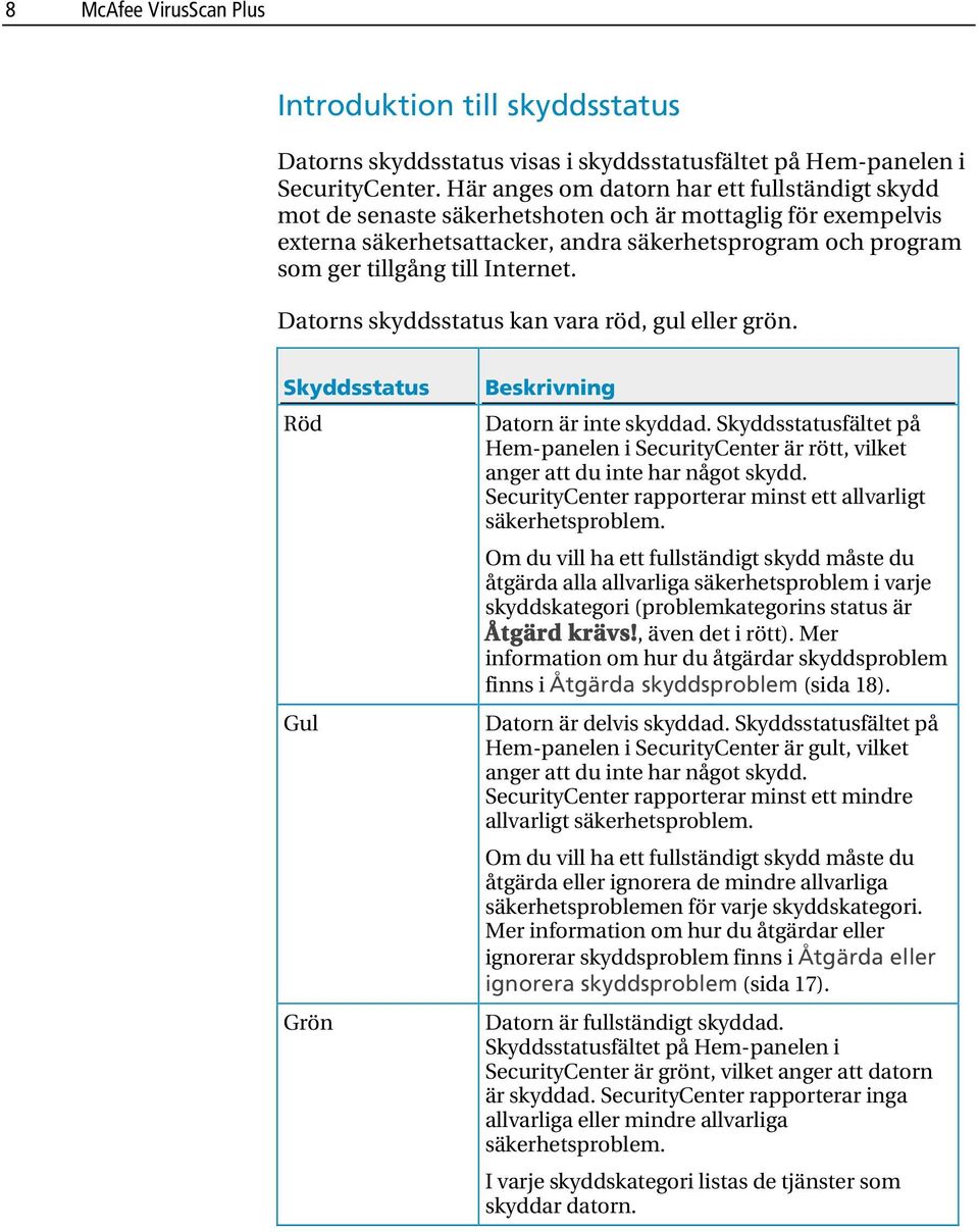 Internet. Datorns skyddsstatus kan vara röd, gul eller grön. Skyddsstatus Röd Gul Grön Beskrivning Datorn är inte skyddad.