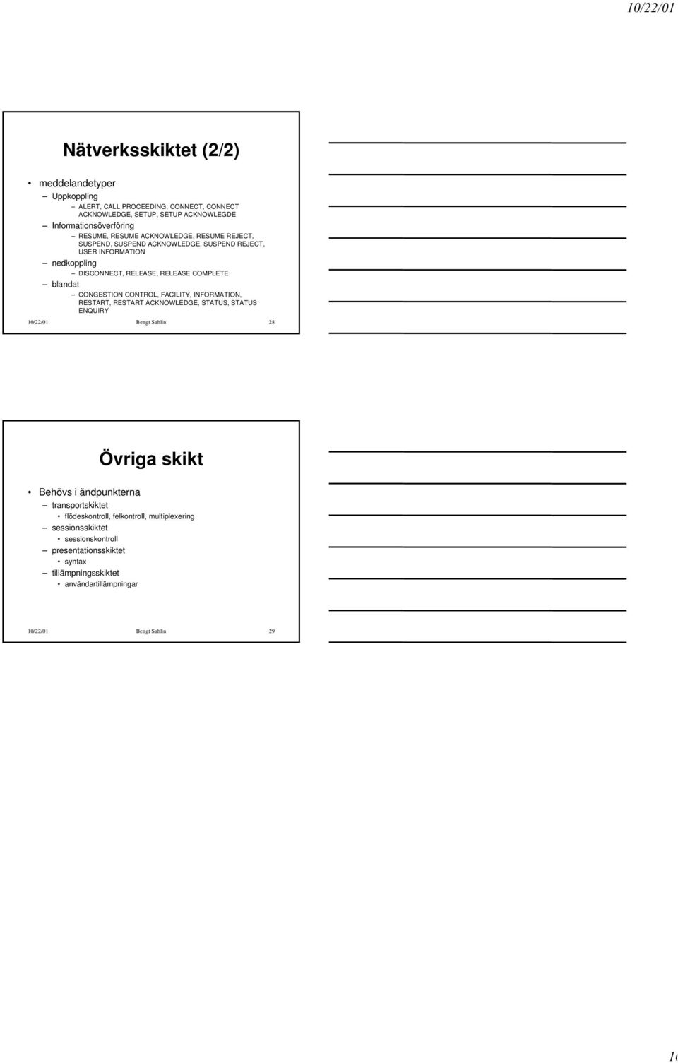 CONGESTION CONTROL, FACILITY, INFORMATION, RESTART, RESTART ACKNOWLEDGE, STATUS, STATUS ENQUIRY 10/22/01 Bengt Sahlin 28 Övriga skikt Behövs i ändpunkterna