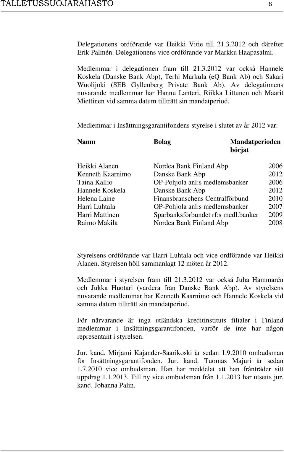 2012 var också Hannele Koskela (Danske Bank Abp), Terhi Markula (eq Bank Ab) och Sakari Wuolijoki (SEB Gyllenberg Private Bank Ab).