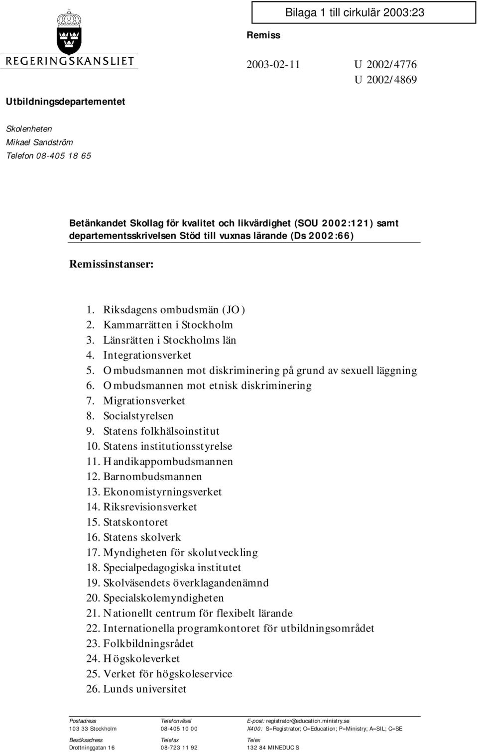 Ombudsmannen mot diskriminering på grund av sexuell läggning 6. Ombudsmannen mot etnisk diskriminering 7. Migrationsverket 8. Socialstyrelsen 9. Statens folkhälsoinstitut 10.