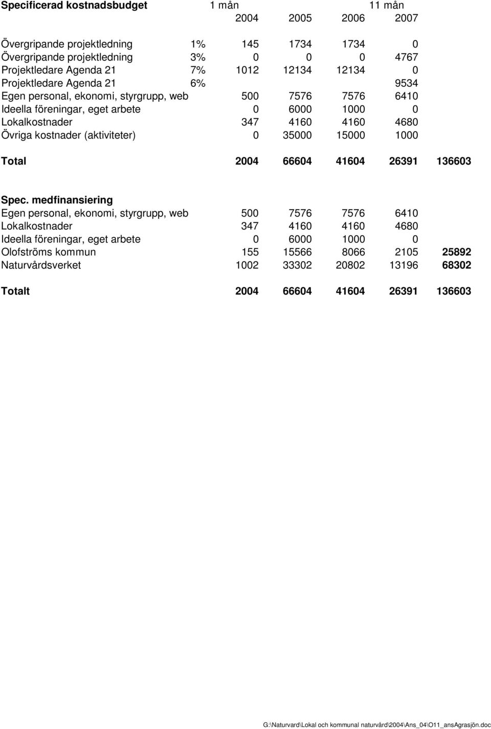 Övriga kostnader (aktiviteter) 0 35000 15000 1000 Total 2004 66604 41604 26391 136603 Spec.