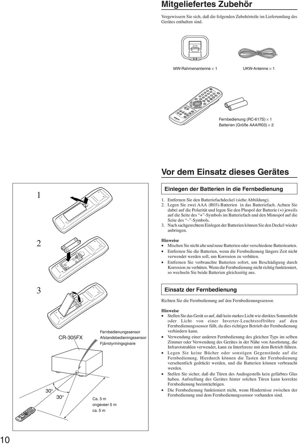 MW-Rahmenantenne UKW-Antenne STANDBY/ ON RC-67S Fernbedienung (RC-67S) Batterien (Größe AAA/R03) 2 Vor dem Einsatz dieses Gerätes 2 Einlegen der Batterien in die Fernbedienung.