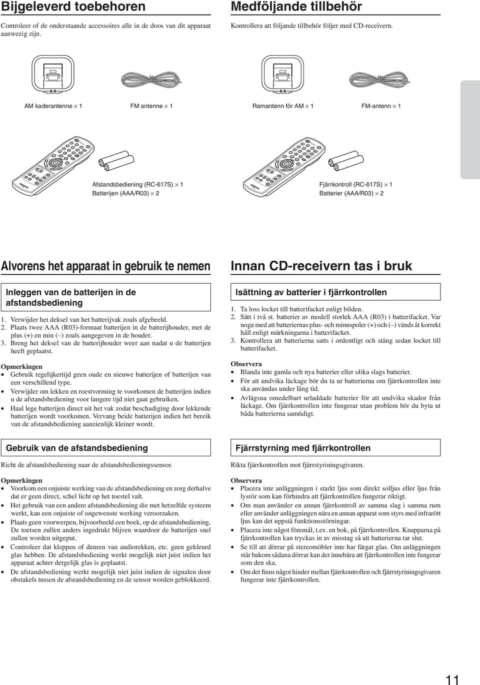 Medföljande tillbehör Kontrollera att följande tillbehör följer med CD-receivern.