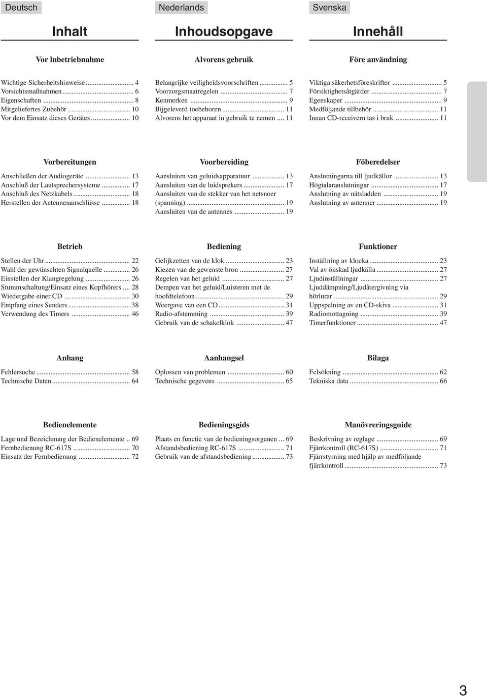 .. Alvorens het apparaat in gebruik te nemen... Viktiga säkerhetsföreskrifter... 5 Försiktighetsåtgärder... 7 Egenskaper... 9 Medföljande tillbehör... Innan CD-receivern tas i bruk.