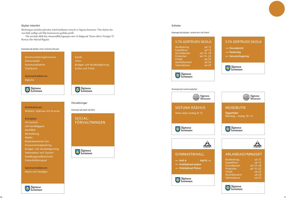 Exempel på skyltar inne i kommunhuset Kommunledningskontoret Komunalråd Kommundirektör Chefsjurist Kansli Arkiv Budget- och skuldrådgivning Kultur och Fritid Enheter Exempel på skyltar i entré och