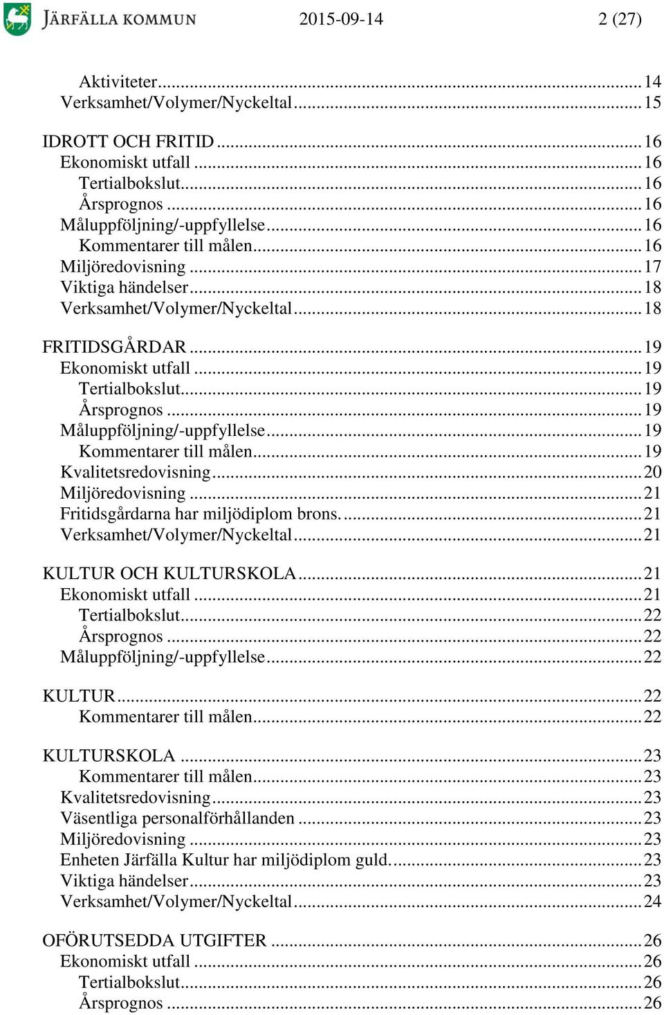 .. 19 Måluppföljning/-uppfyllelse... 19 Kommentarer till målen... 19 Kvalitetsredovisning... 20 Miljöredovisning... 21 Fritidsgårdarna har miljödiplom brons.... 21 Verksamhet/Volymer/Nyckeltal.