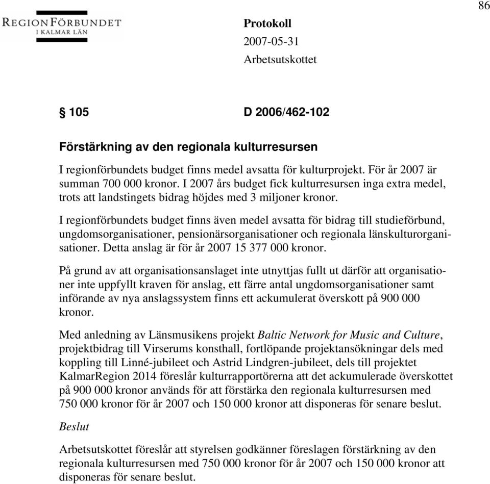 I regionförbundets budget finns även medel avsatta för bidrag till studieförbund, ungdomsorganisationer, pensionärsorganisationer och regionala länskulturorganisationer.