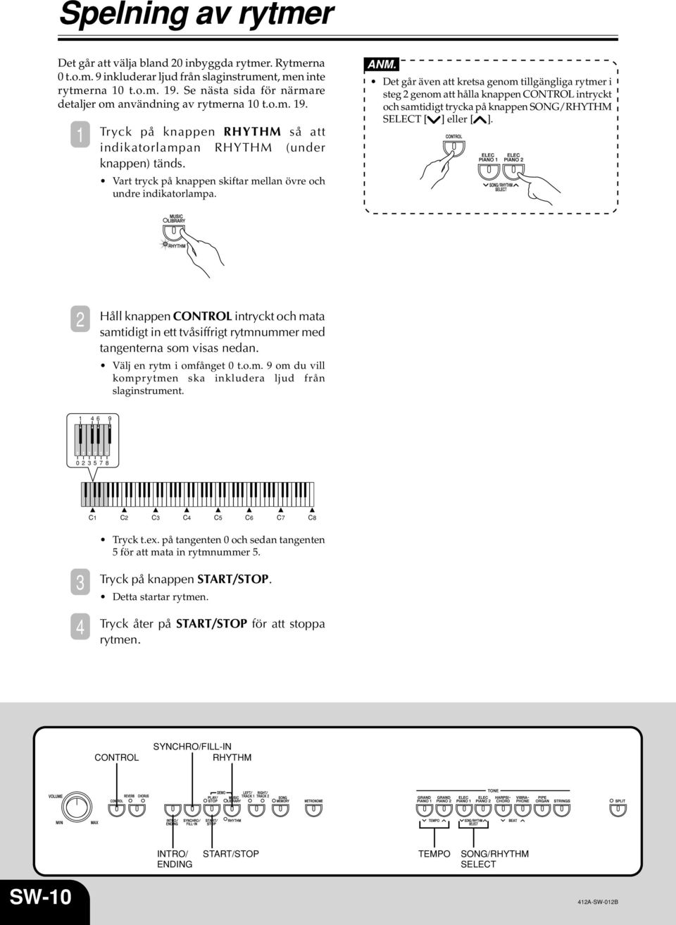 Det går även att kretsa genom tillgängliga rytmer i steg genom att hålla knappen CNTRL intryckt och samtidigt trycka på knappen SNG/RHYTHM SELECT [ ] eller [ ].