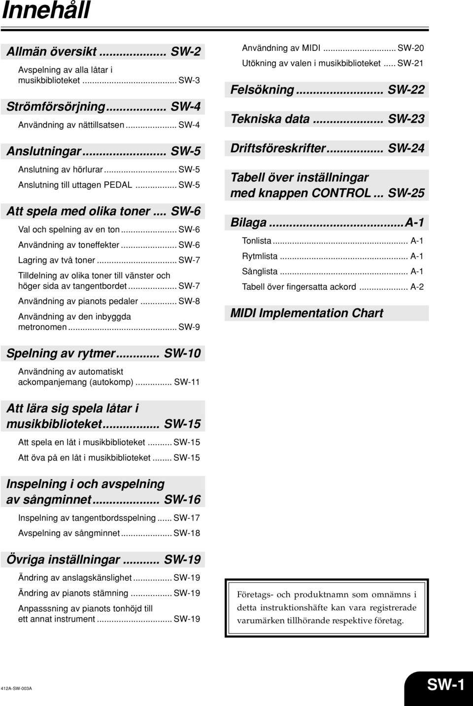 .. SW-7 Tilldelning av olika toner till vänster och höger sida av tangentbordet... SW-7 Användning av pianots pedaler... SW-8 Användning av den inbyggda metronomen... SW-9 Användning av MIDI.