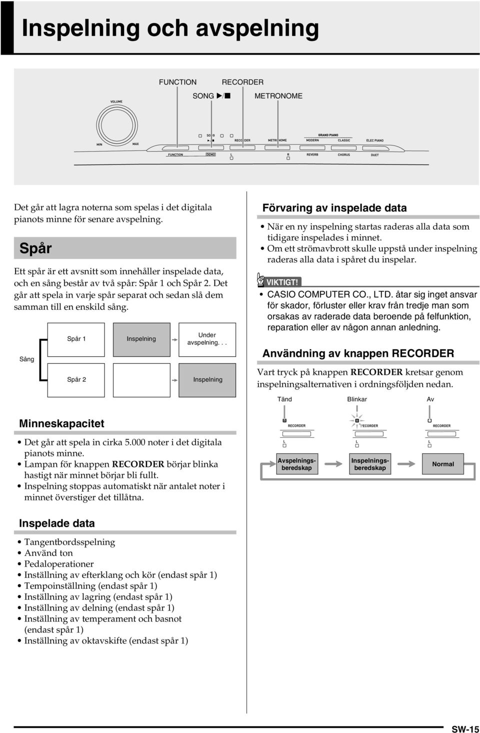 Sång Spår 1 Spår 2 Inspelning Under avspelning... Inspelning Förvaring av inspelade data När en ny inspelning startas raderas alla data som tidigare inspelades i minnet.