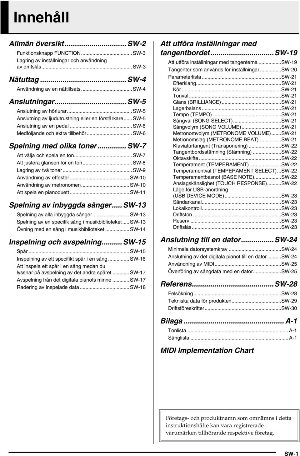 .. SW-7 Att välja och spela en ton...sw-7 Att justera glansen för en ton...sw-8 Lagring av två toner...sw-9 Användning av effekter...sw-10 Användning av metronomen... SW-10 Att spela en pianoduett.