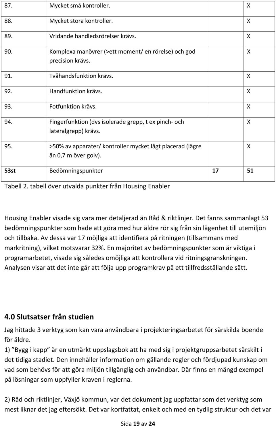 >50% av apparater/ kontroller mycket lågt placerad (lägre än 0,7 m över golv). 53st Bedömningspunkter 17 51 Tabell 2.