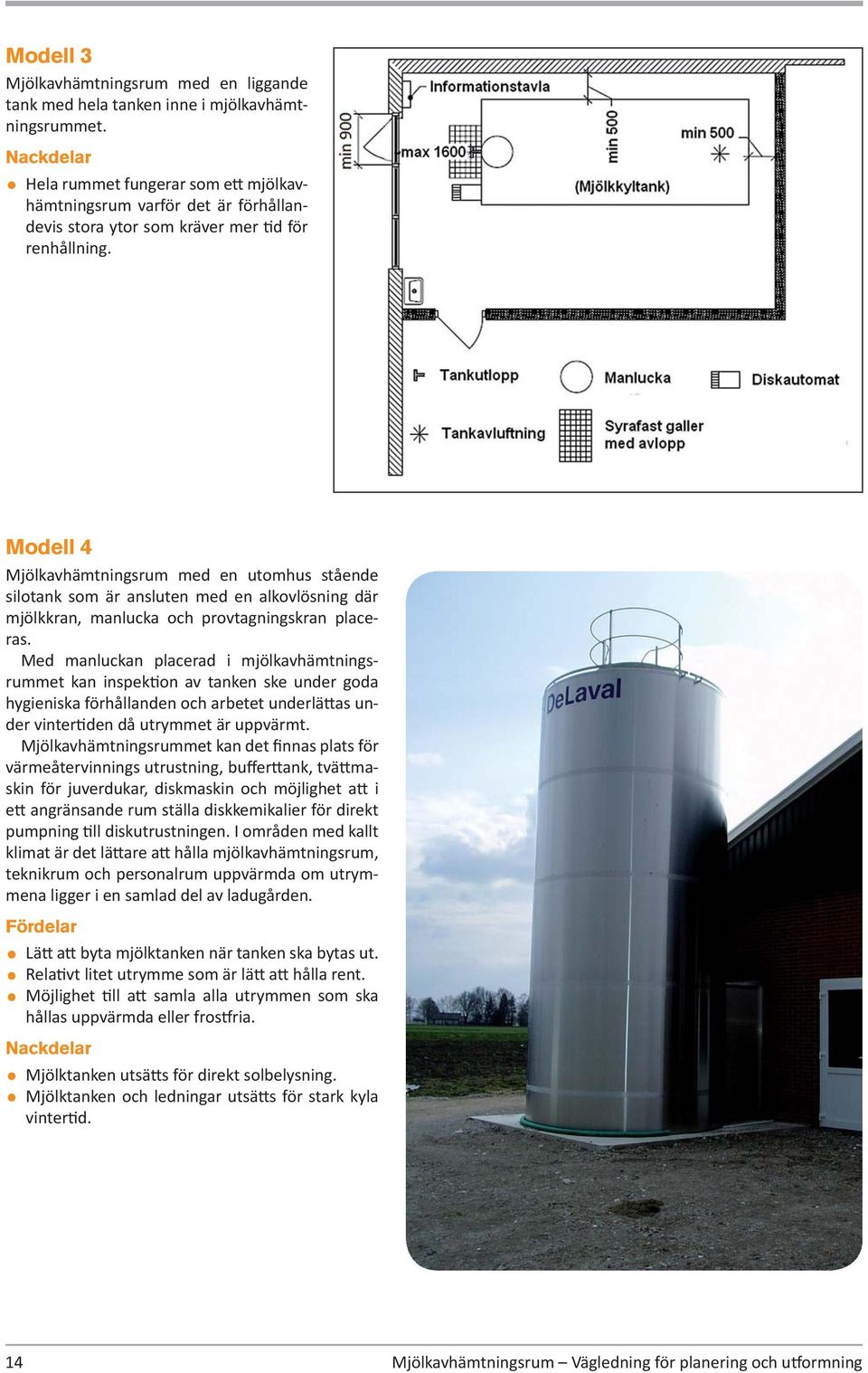 Modell 4 Mjölkavhämtningsrum med en utomhus stående silotank som är ansluten med en alkovlösning där mjölkkran, manlucka och provtagningskran placeras.