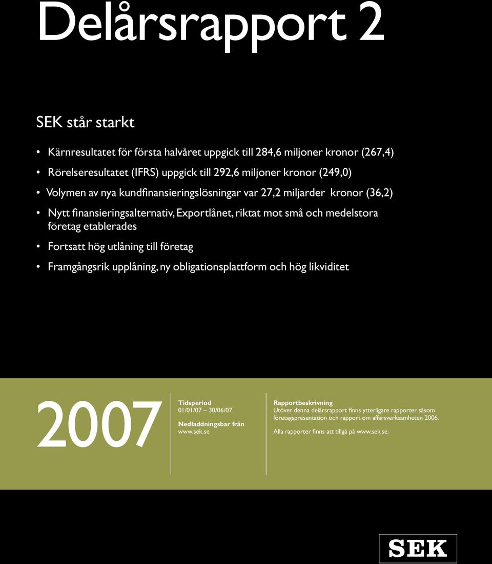 Fortsatt hög utlåning till företag Framgångsrik upplåning, ny obligationsplattform och hög likviditet 2007 Tidsperiod 01/01/07 30/06/07 Nedladdningsbar från www.sek.