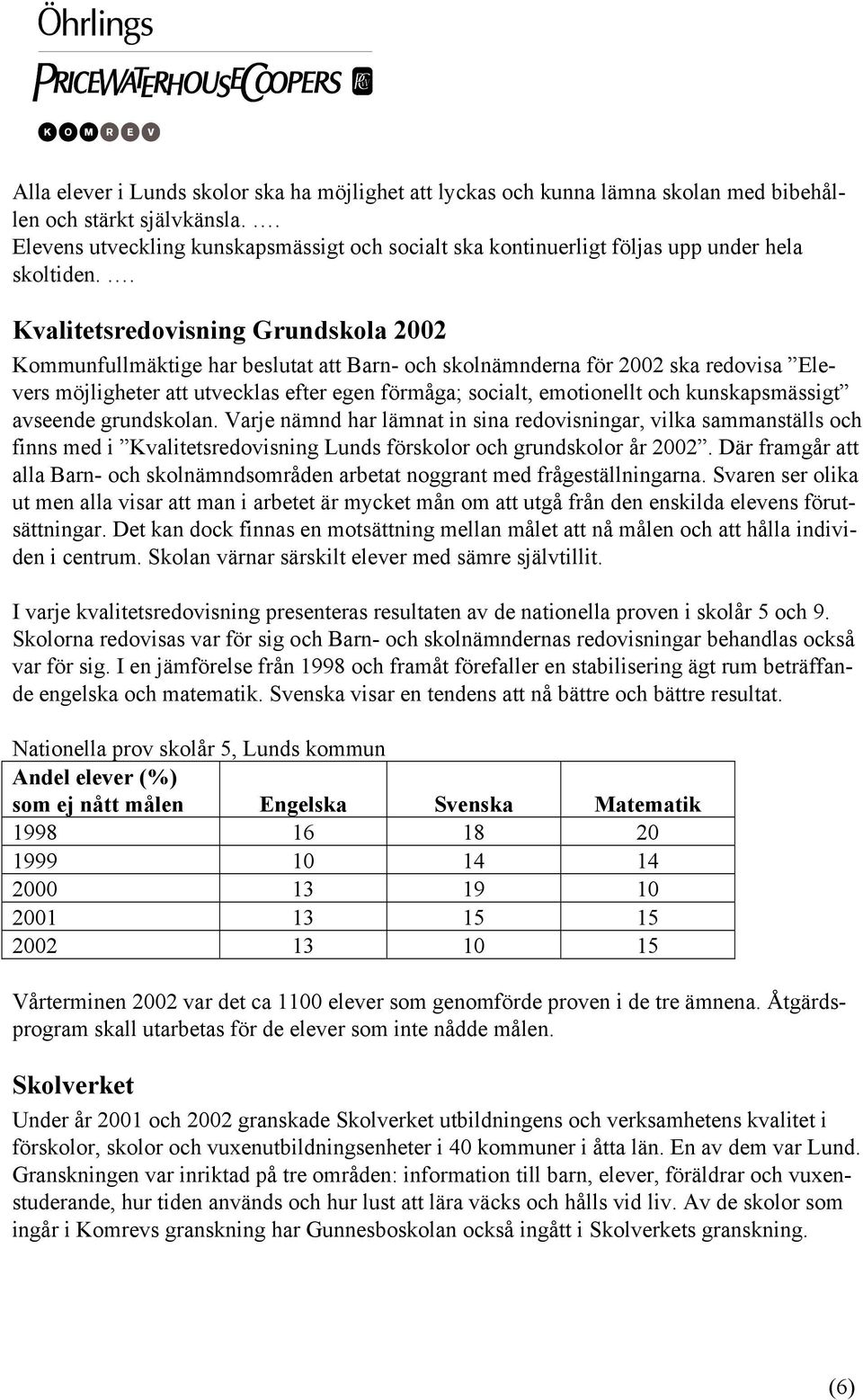 . Kvalitetsredovisning Grundskola 2002 Kommunfullmäktige har beslutat att Barn- och skolnämnderna för 2002 ska redovisa Elevers möjligheter att utvecklas efter egen förmåga; socialt, emotionellt och