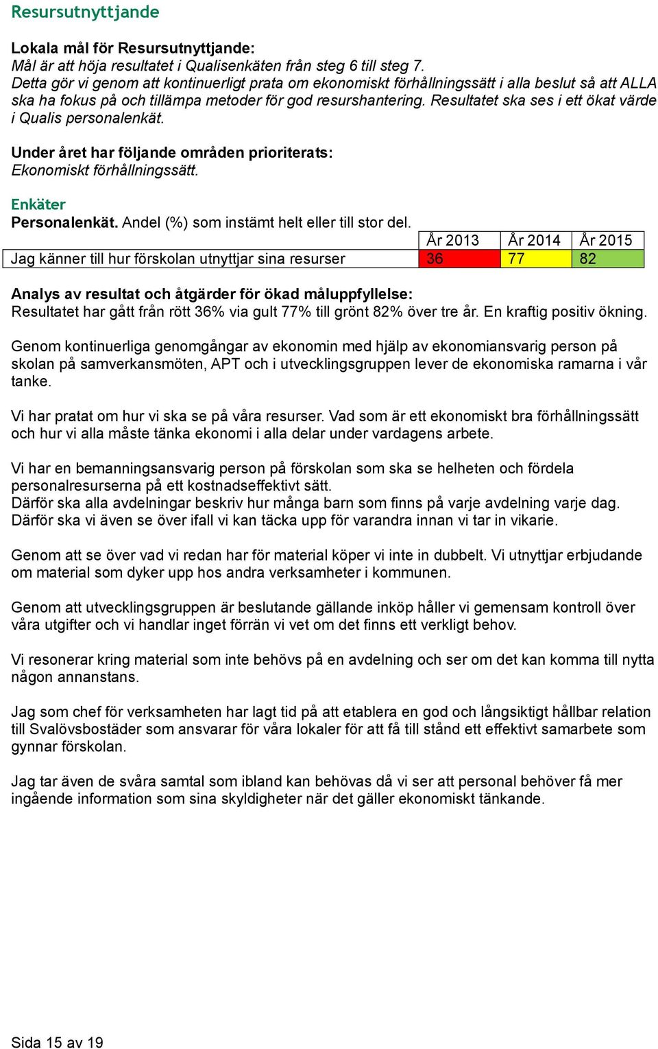 Resultatet ska ses i ett ökat värde i Qualis personalenkät. Ekonomiskt förhållningssätt.