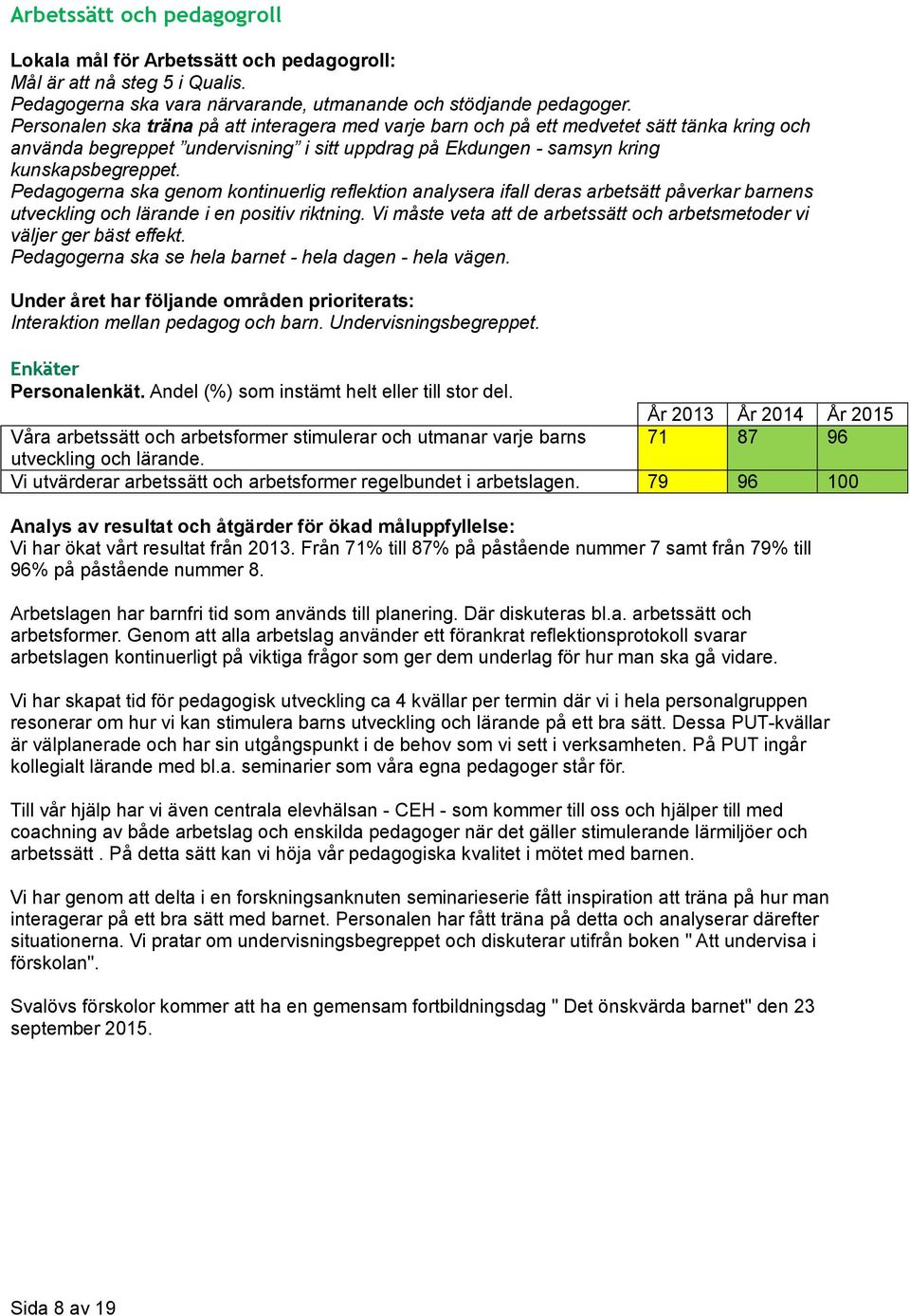 Pedagogerna ska genom kontinuerlig reflektion analysera ifall deras arbetsätt påverkar barnens utveckling och lärande i en positiv riktning.