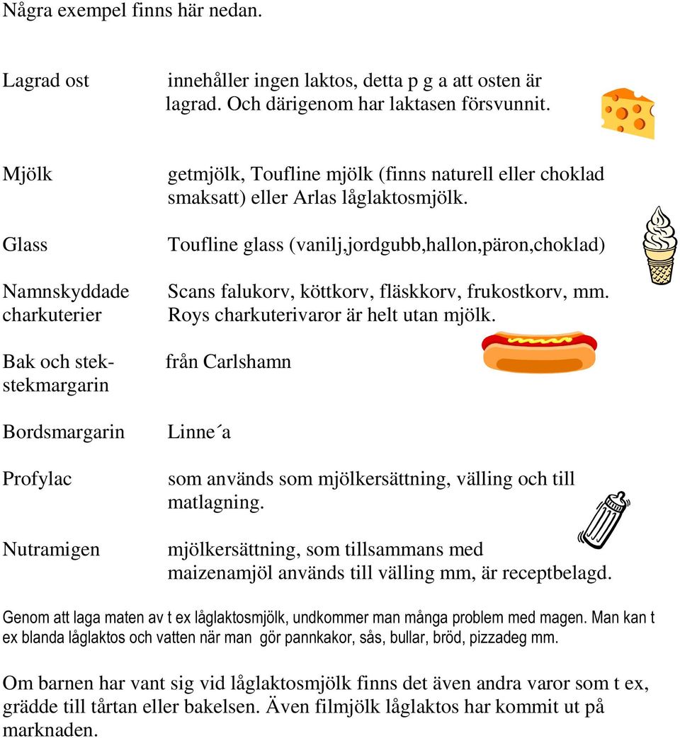 Toufline glass (vanilj,jordgubb,hallon,päron,choklad) Scans falukorv, köttkorv, fläskkorv, frukostkorv, mm. Roys charkuterivaror är helt utan mjölk.