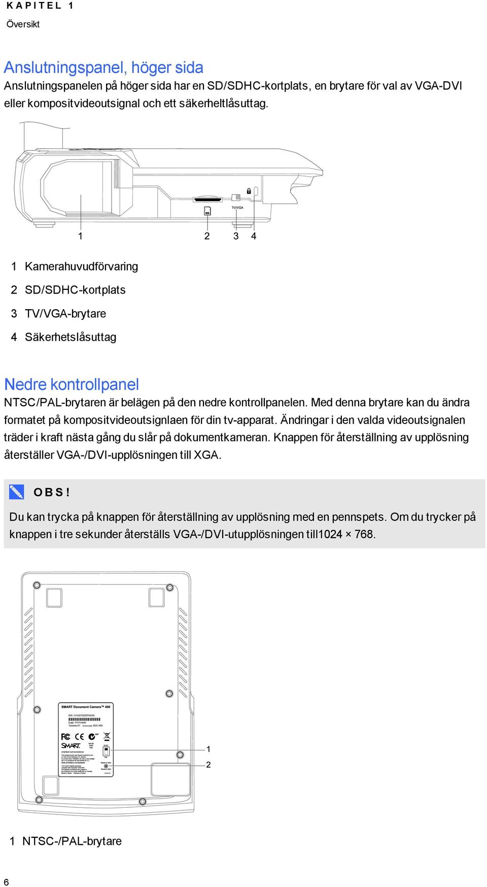 Med denna brytare kan du ändra frmatet på kmpsitvideutsignlaen för din tv-apparat. Ändringar i den valda videutsignalen träder i kraft nästa gång du slår på dkumentkameran.