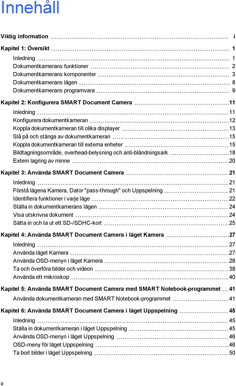 Bildtagningsmråde, verhead-belysning ch anti-bländningsark 18 Extern lagring av minne 20 Kapitel 3: Använda SMART Dcument Camera 21 Inledning 21 Förstå lägena Kamera, Datr "pass-thrugh" ch