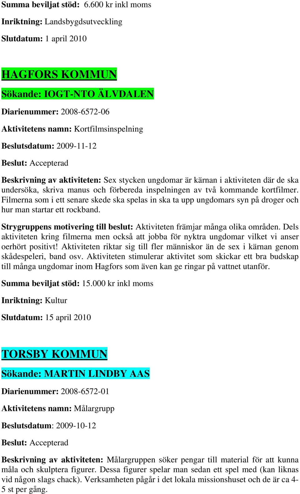 2009-11-12 Beskrivning av aktiviteten: Sex stycken ungdomar är kärnan i aktiviteten där de ska undersöka, skriva manus och förbereda inspelningen av två kommande kortfilmer.