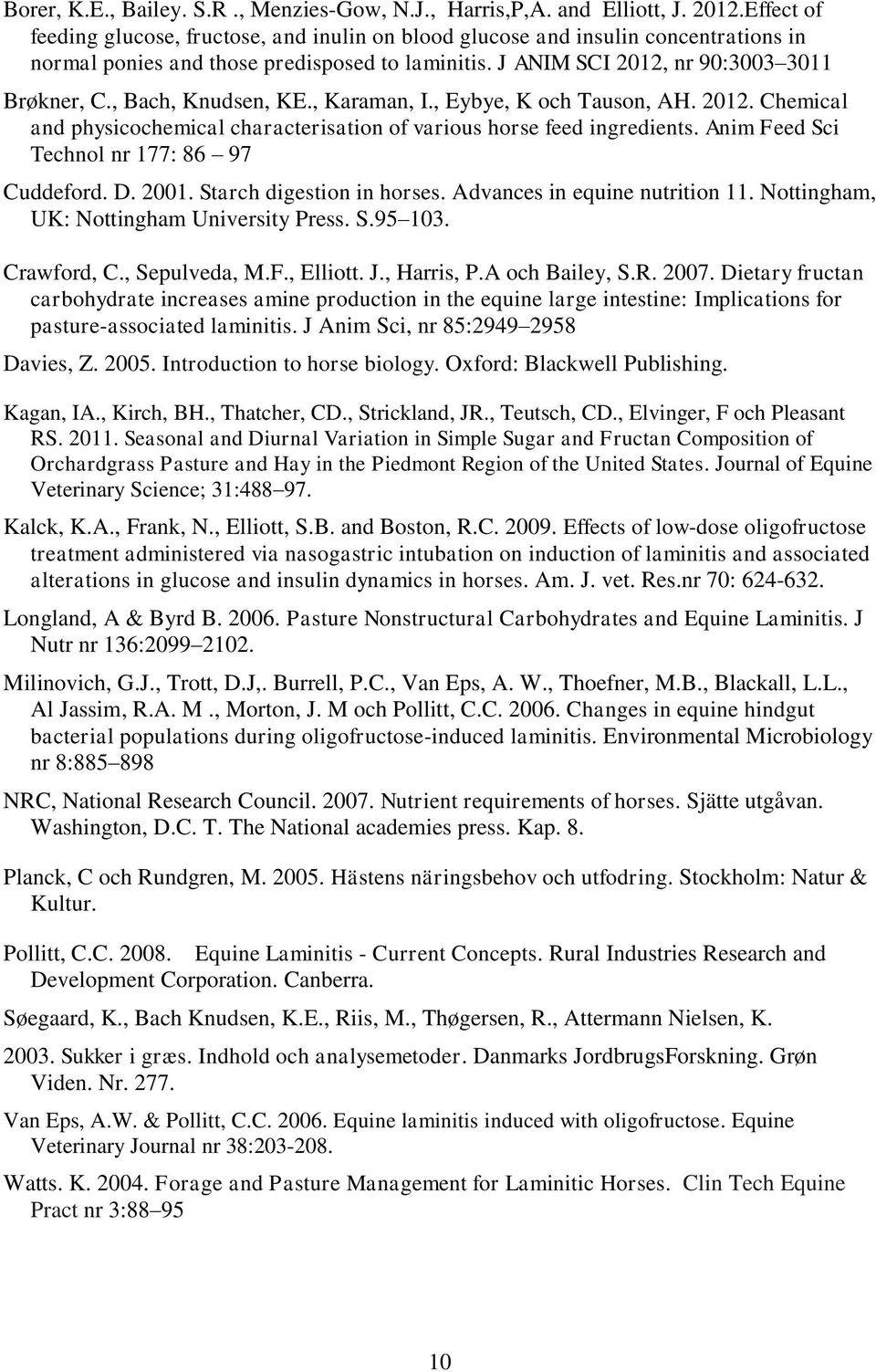 , Bach, Knudsen, KE., Karaman, I., Eybye, K och Tauson, AH. 2012. Chemical and physicochemical characterisation of various horse feed ingredients. Anim Feed Sci Technol nr 177: 86 97 Cuddeford. D.