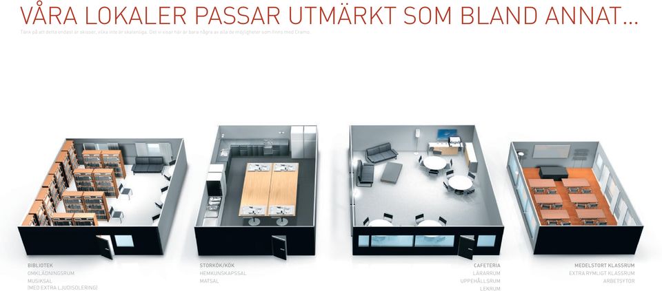 Bibliotek Omklädningsrum Musiksal (med extra ljudisolering) Storkök/kök Hemkunskapssal