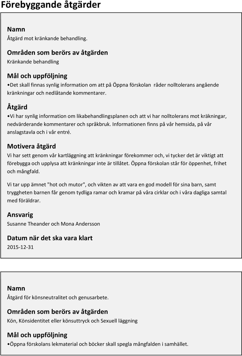 Åtgärd Vi har synlig information om likabehandlingsplanen och att vi har nolltolerans mot kräkningar, nedvärderande kommentarer och språkbruk.