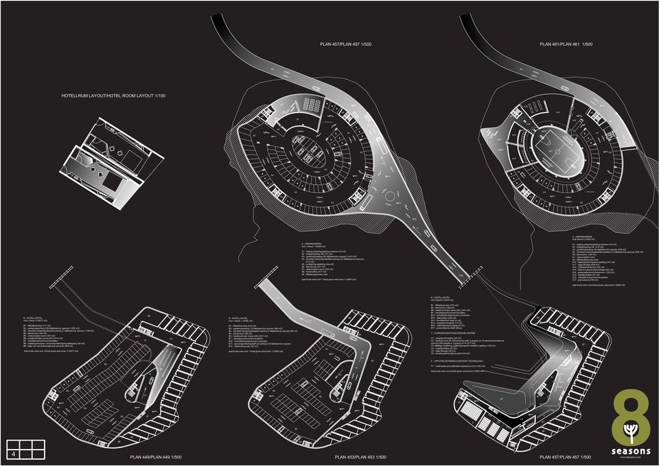 plats/bus drop-off - kärna/core (227 m2) A7 - växtrum/plant room (223 m2) A8 - kontor/office (411 m2) - tillfartsväg/access road total brutto area nivå -1/total gross area level -1 (6400 m2) nivå