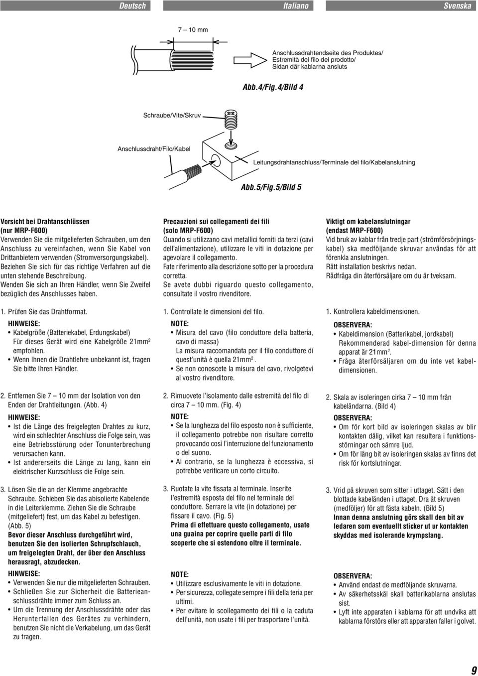 5/Bild 5 Vorsicht bei Drahtanschlüssen (nur MRP-F600) Verwenden Sie die mitgelieferten Schrauben, um den Anschluss zu vereinfachen, wenn Sie Kabel von Drittanbietern verwenden (Stromversorgungskabel).