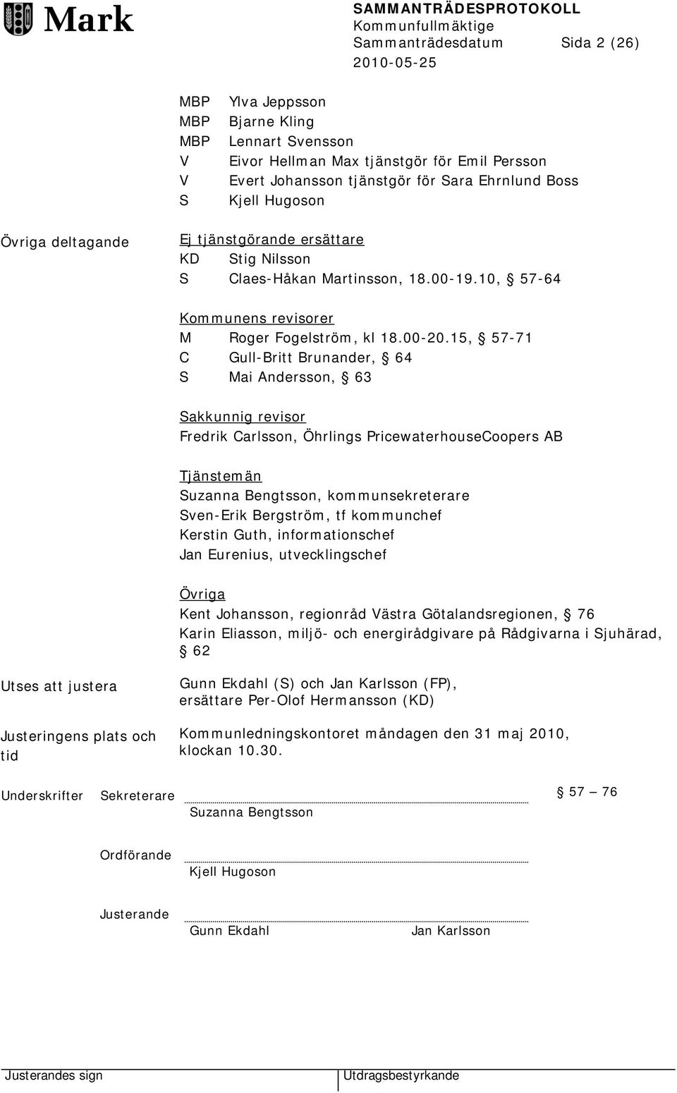 15, 57-71 C Gull-Britt Brunander, 64 S Mai Andersson, 63 Sakkunnig revisor Fredrik Carlsson, Öhrlings PricewaterhouseCoopers AB Tjänstemän Suzanna Bengtsson, kommunsekreterare Sven-Erik Bergström, tf