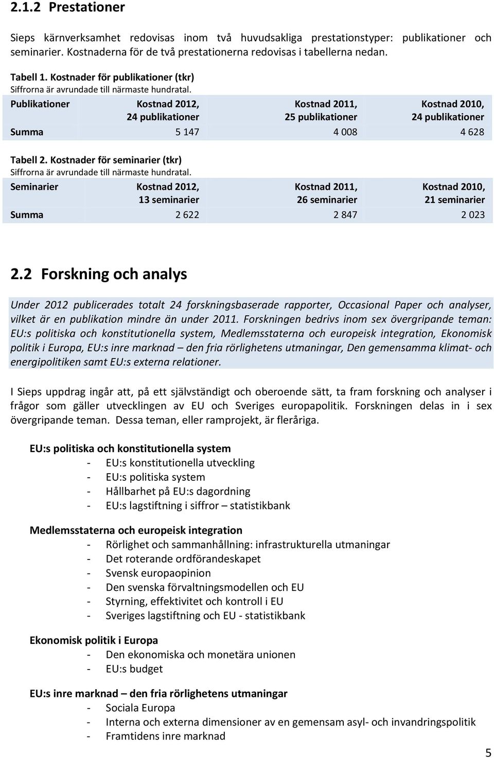 Publikationer Kostnad 2012, 24 publikationer Kostnad 2011, 25 publikationer Kostnad 2010, 24 publikationer Summa 5 147 4 008 4 628 Tabell 2.