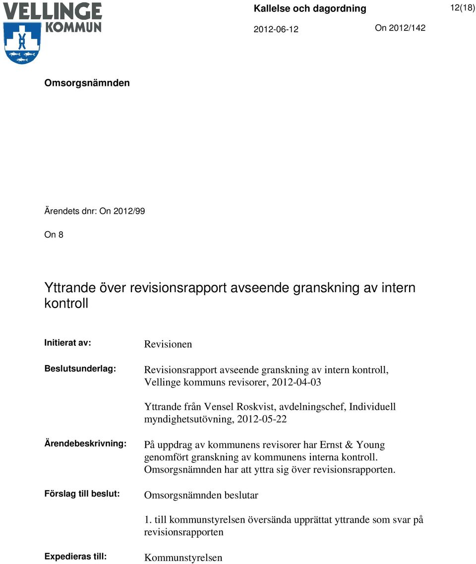 myndighetsutövning, 2012-05-22 Ärendebeskrivning: Förslag till beslut: På uppdrag av kommunens revisorer har Ernst & Young genomfört granskning av kommunens