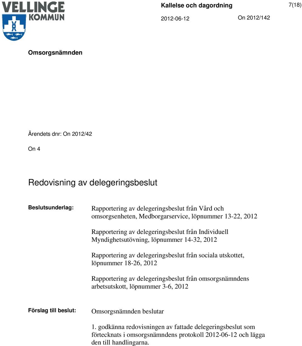 delegeringsbeslut från sociala utskottet, löpnummer 18-26, 2012 Rapportering av delegeringsbeslut från omsorgsnämndens arbetsutskott, löpnummer 3-6, 2012