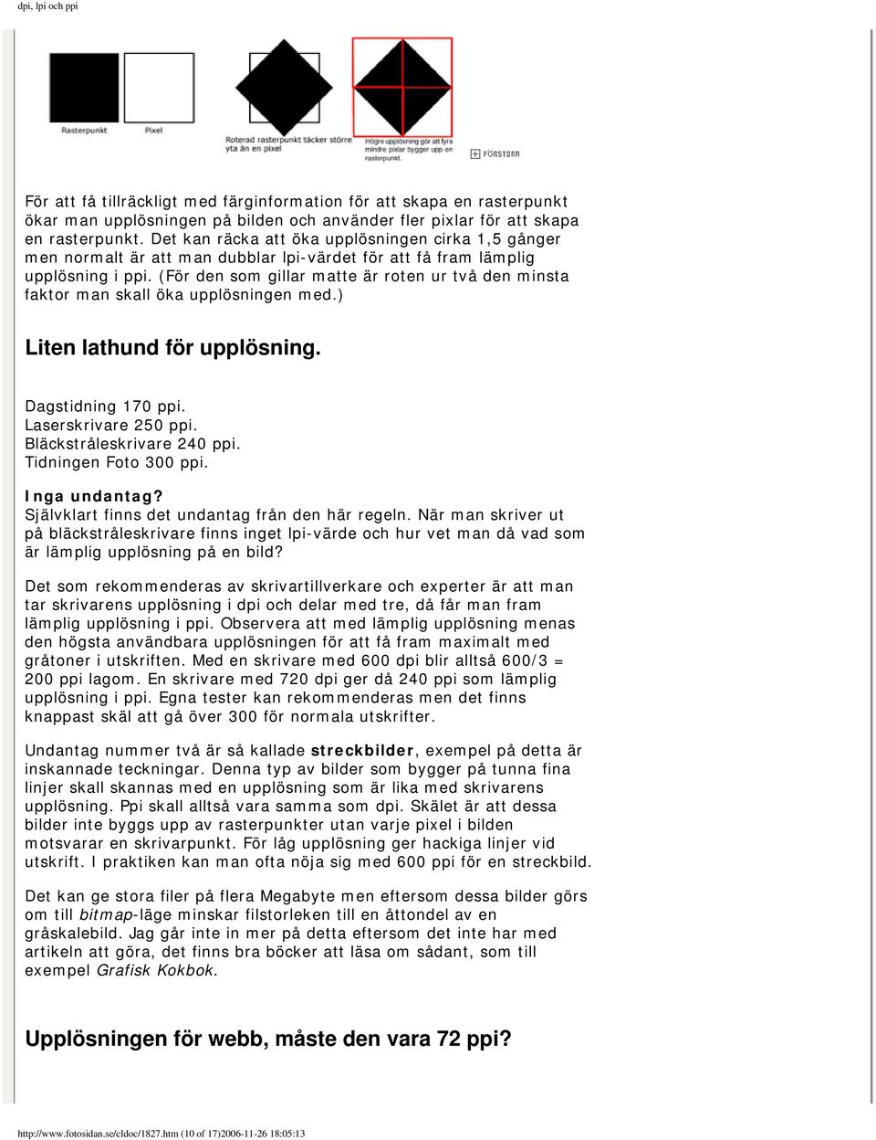 (För den som gillar matte är roten ur två den minsta faktor man skall öka upplösningen med.) Liten lathund för upplösning. Dagstidning 170 ppi. Laserskrivare 250 ppi. Bläckstråleskrivare 240 ppi.