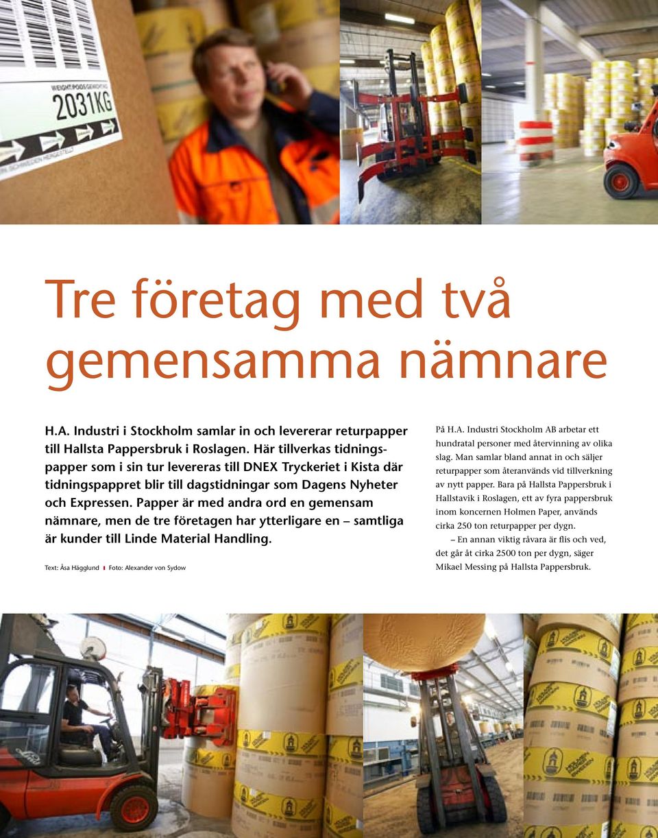 Papper är med andra ord en gemensam nämnare, men de tre företagen har ytterligare en samtliga är kunder till Linde Material Handling. Text: Åsa Hägglund ı Foto: Al