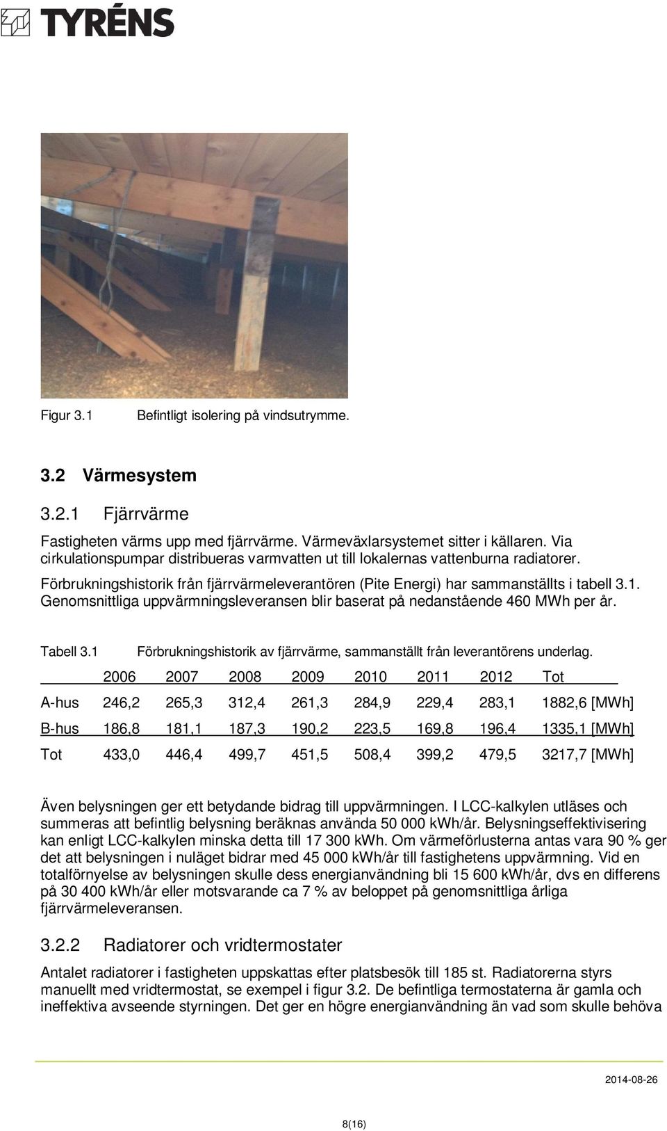 Genomsnittliga uppvärmningsleveransen blir baserat på nedanstående 46 MWh per år. Tabell 3.1 Förbrukningshistorik av fjärrvärme, sammanställt från leverantörens underlag.