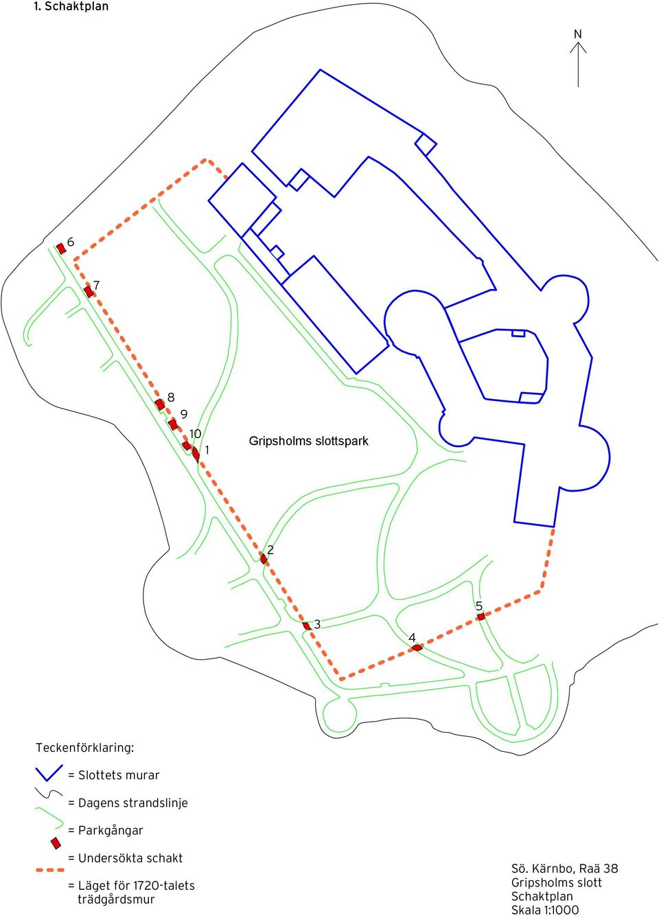 Parkgångar = Undersökta schakt = Läget för 1720-talets