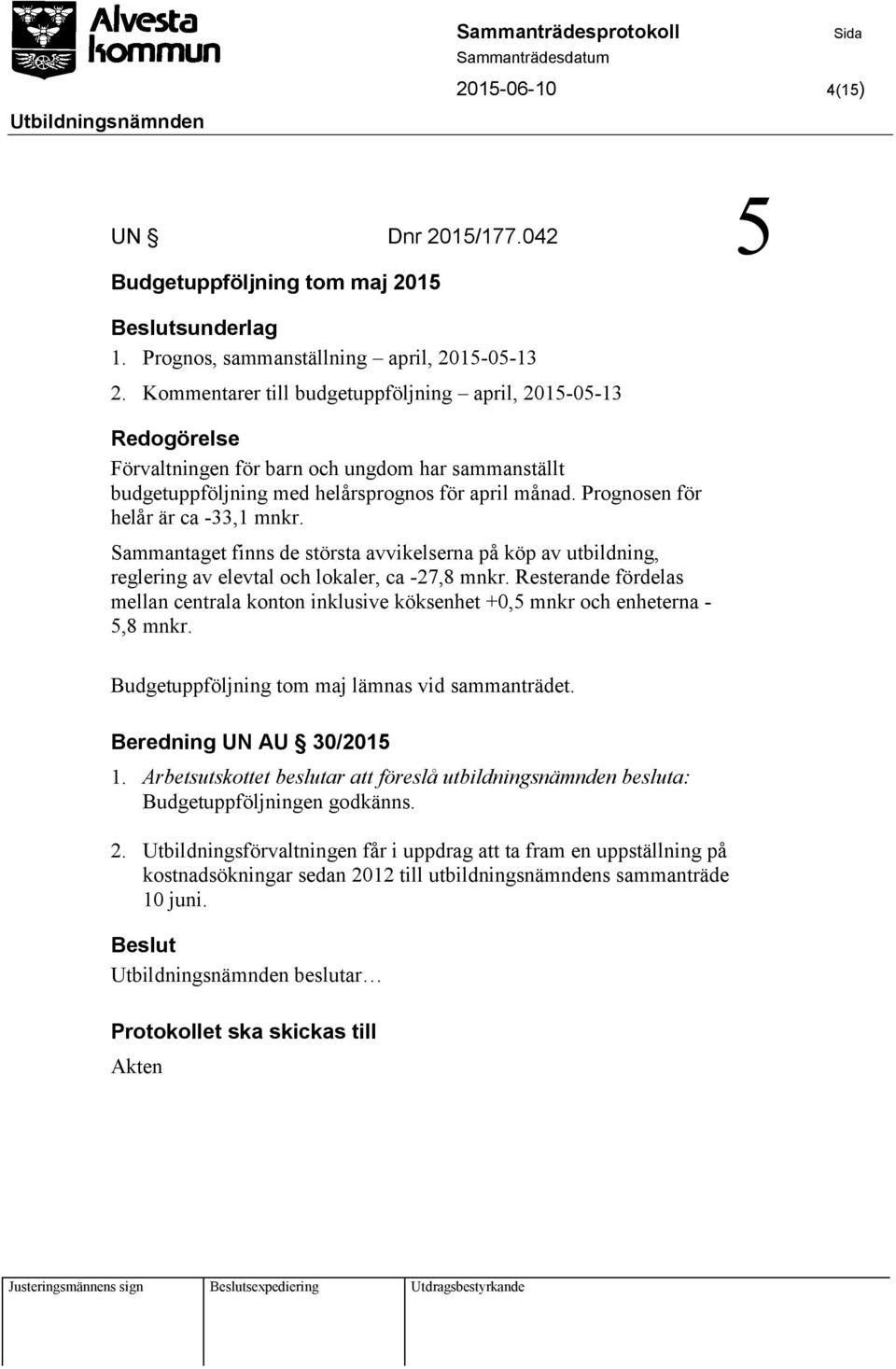 Prognosen för helår är ca -33,1 mnkr. Sammantaget finns de största avvikelserna på köp av utbildning, reglering av elevtal och lokaler, ca -27,8 mnkr.