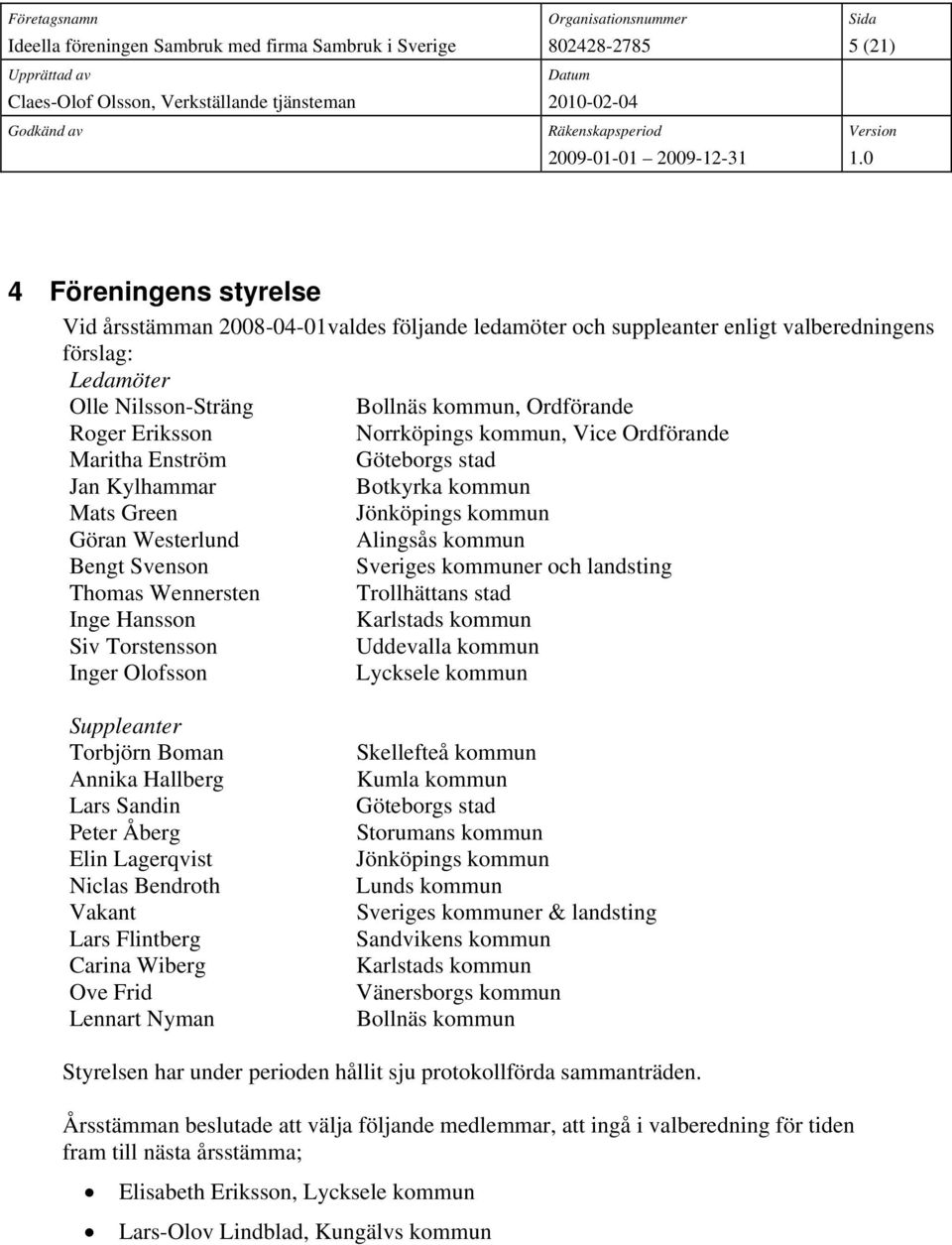 och landsting Thomas Wennersten Trollhättans stad Inge Hansson Karlstads kommun Siv Torstensson Uddevalla kommun Inger Olofsson Lycksele kommun Suppleanter Torbjörn Boman Annika Hallberg Lars Sandin