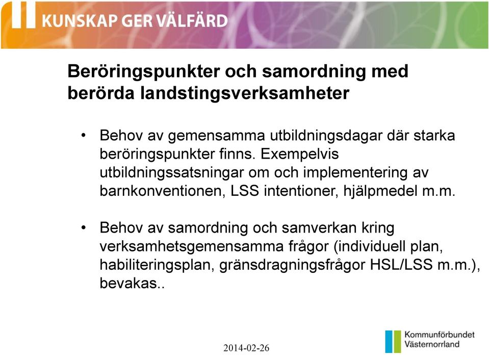 Exempelvis utbildningssatsningar om och implementering av barnkonventionen, LSS intentioner,