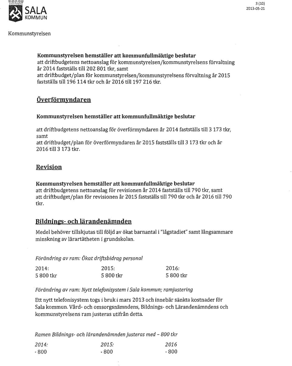 Överförmyndaren Kommunstyrelsen hemställer att kommunfullmäktige beslutar att driftbudgetens nettoanslag för överförmyndaren år 2014 fastställs till3 173 tkr, samt att driftbudget/plan för