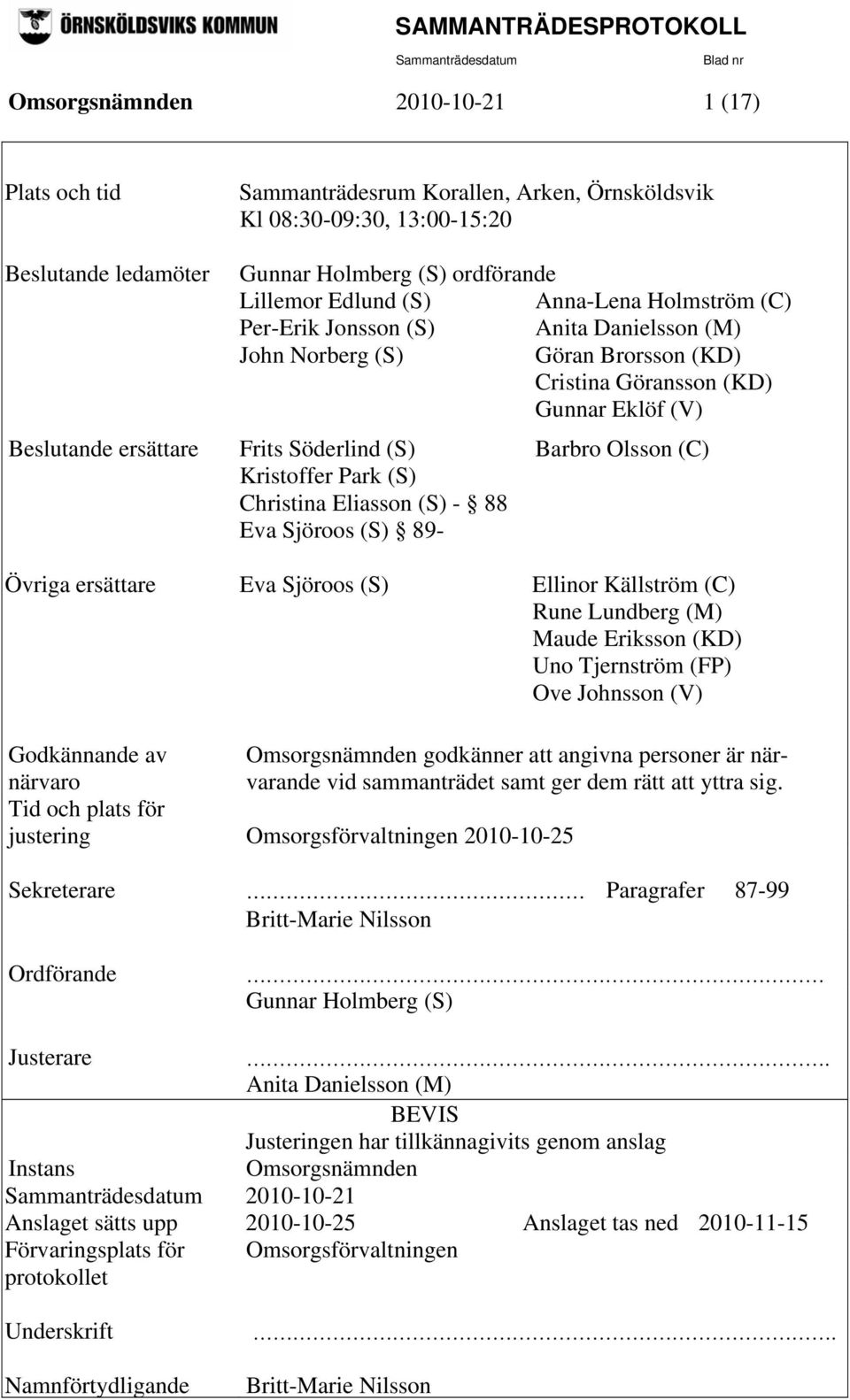 (C) Kristoffer Park (S) Christina Eliasson (S) - 88 Eva Sjöroos (S) 89- Övriga ersättare Eva Sjöroos (S) Ellinor Källström (C) Rune Lundberg (M) Maude Eriksson (KD) Uno Tjernström (FP) Ove Johnsson